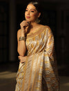 Banarasee Linen Cotton Digital Print Zari Border Saree-Beige