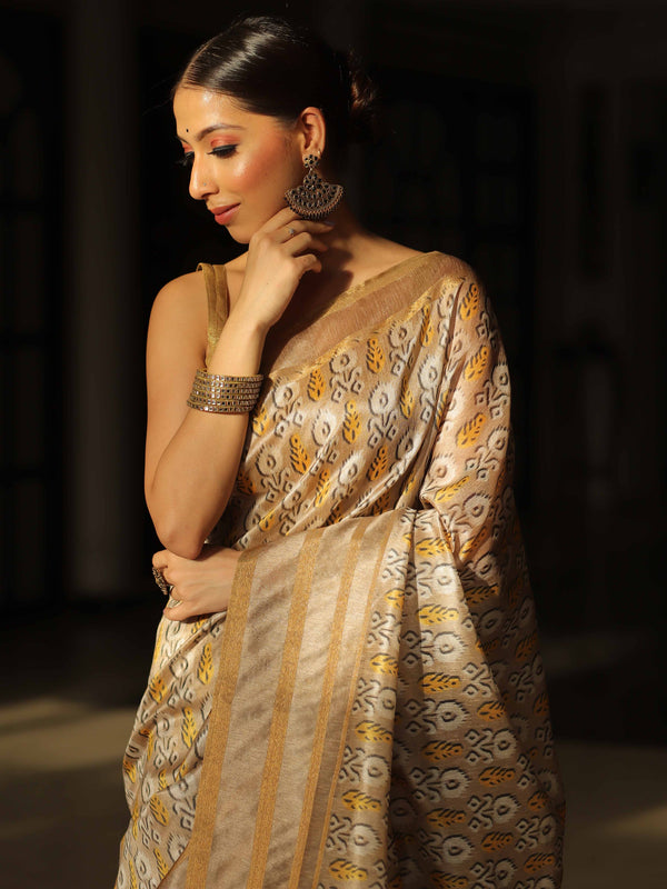 Banarasee Linen Cotton Digital Print Zari Border Saree-Beige
