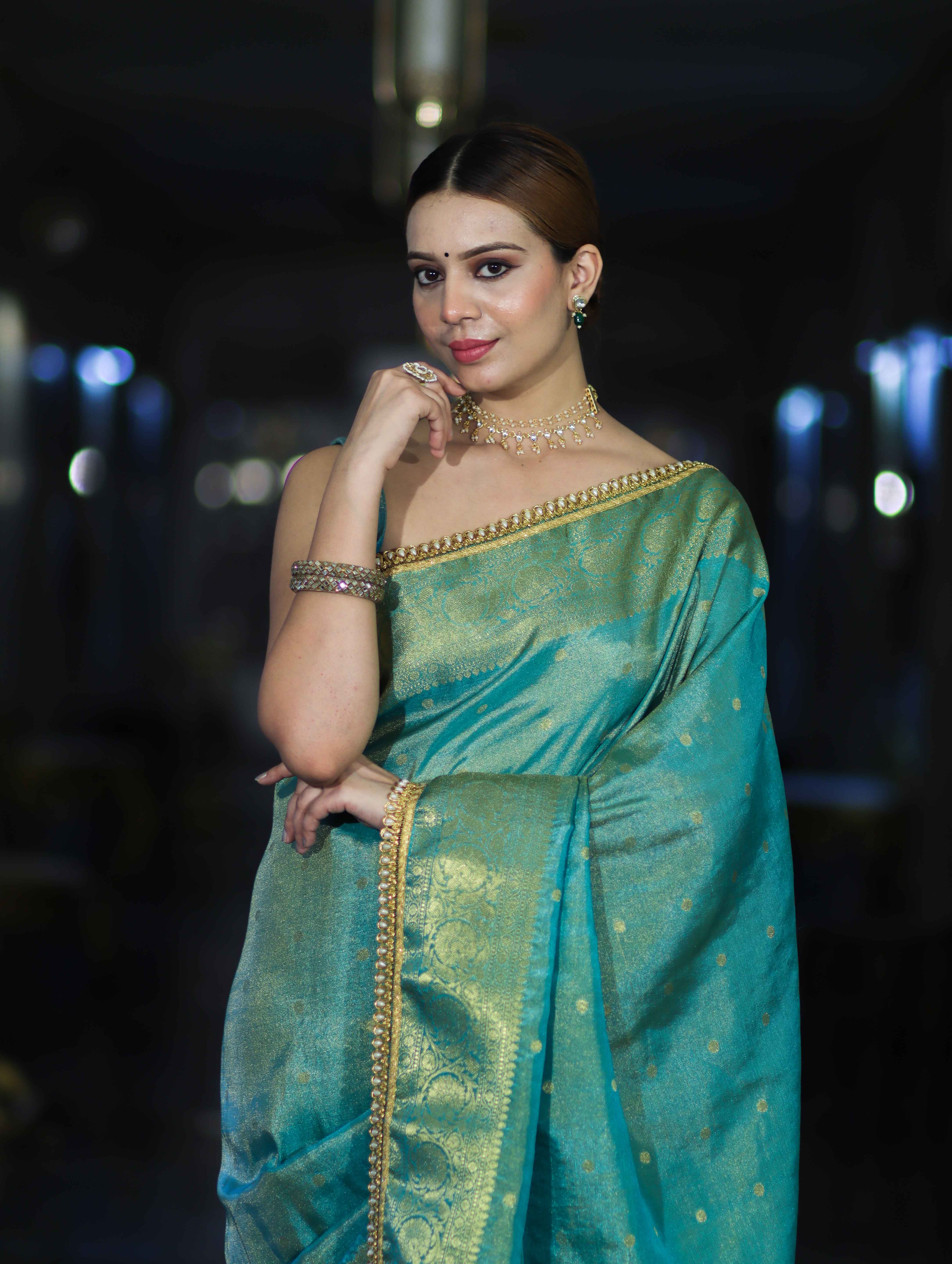 Banarasee Handloom Shimmer Silk Saree With Buti Design Floral Border & Lace-Turquoise Green