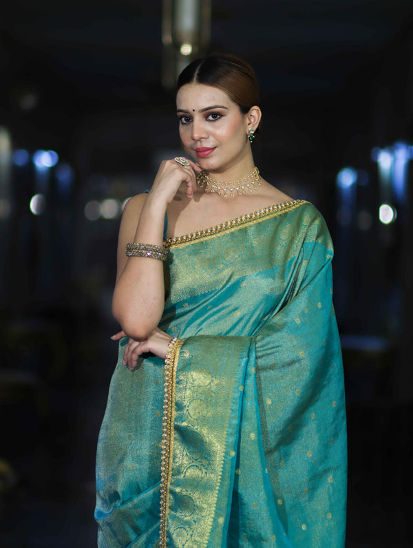 Banarasee Handloom Shimmer Silk Saree With Buti Design Floral Border & Lace-Turquoise Green