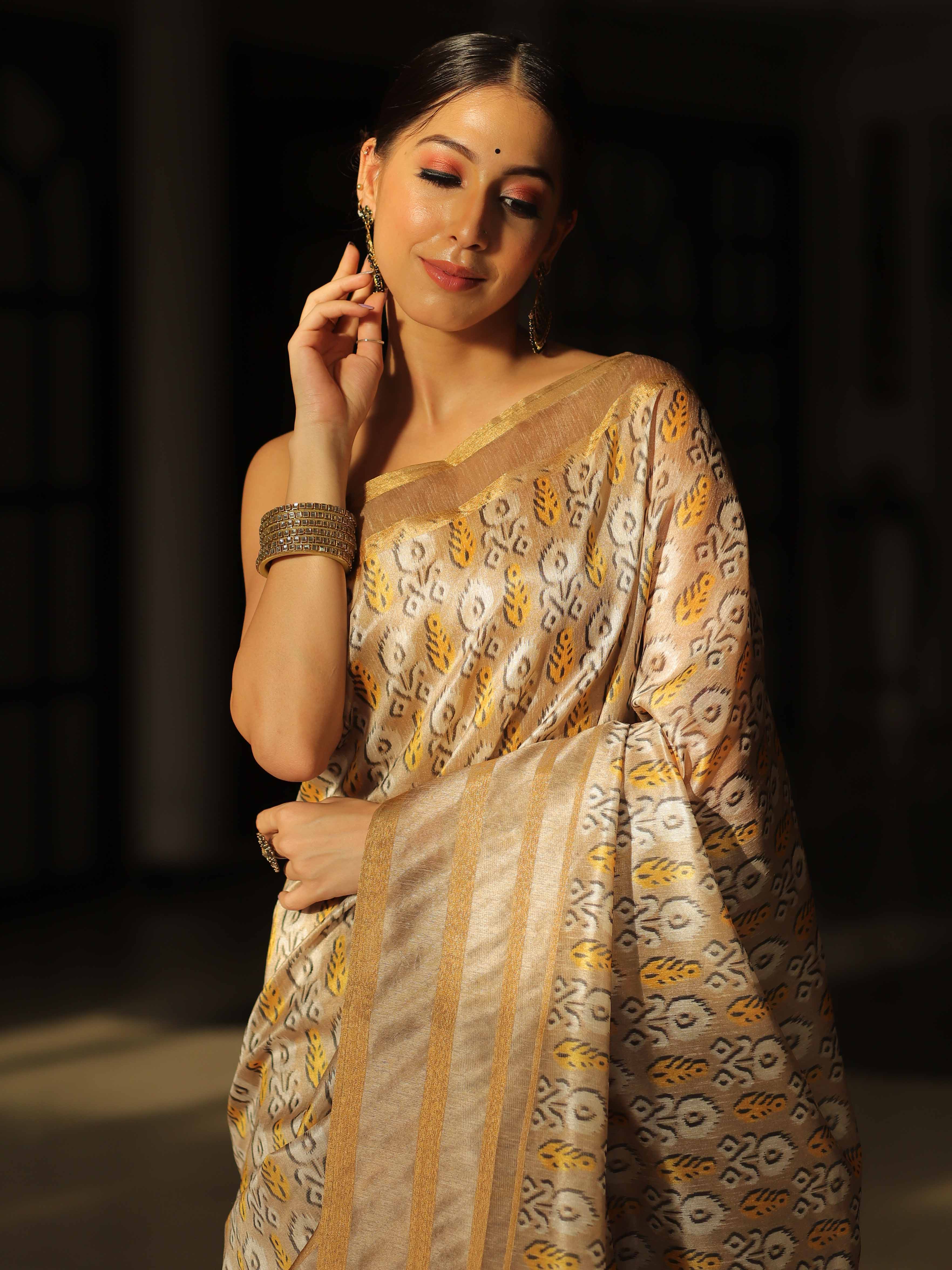 Banarasee Linen Cotton Digital Print Zari Border Saree-Beige