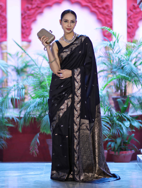 Banarasee Handloom Semi Silk Saree With Sona Rupa Zari Buti Design & Floral Border-Black