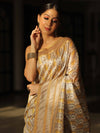 Banarasee Linen Cotton Digital Print Zari Border Saree-Beige