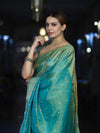 Banarasee Handloom Shimmer Silk Saree With Buti Design Floral Border & Lace-Turquoise Green