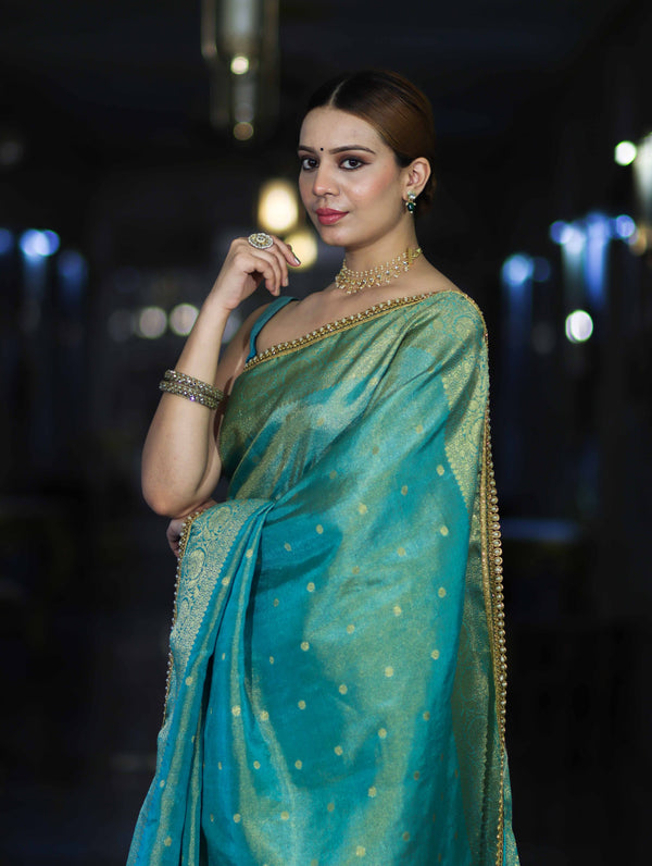 Banarasee Handloom Shimmer Silk Saree With Buti Design Floral Border & Lace-Turquoise Green