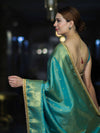 Banarasee Handloom Shimmer Silk Saree With Buti Design Floral Border & Lace-Turquoise Green