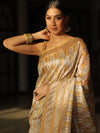 Banarasee Linen Cotton Digital Print Zari Border Saree-Beige