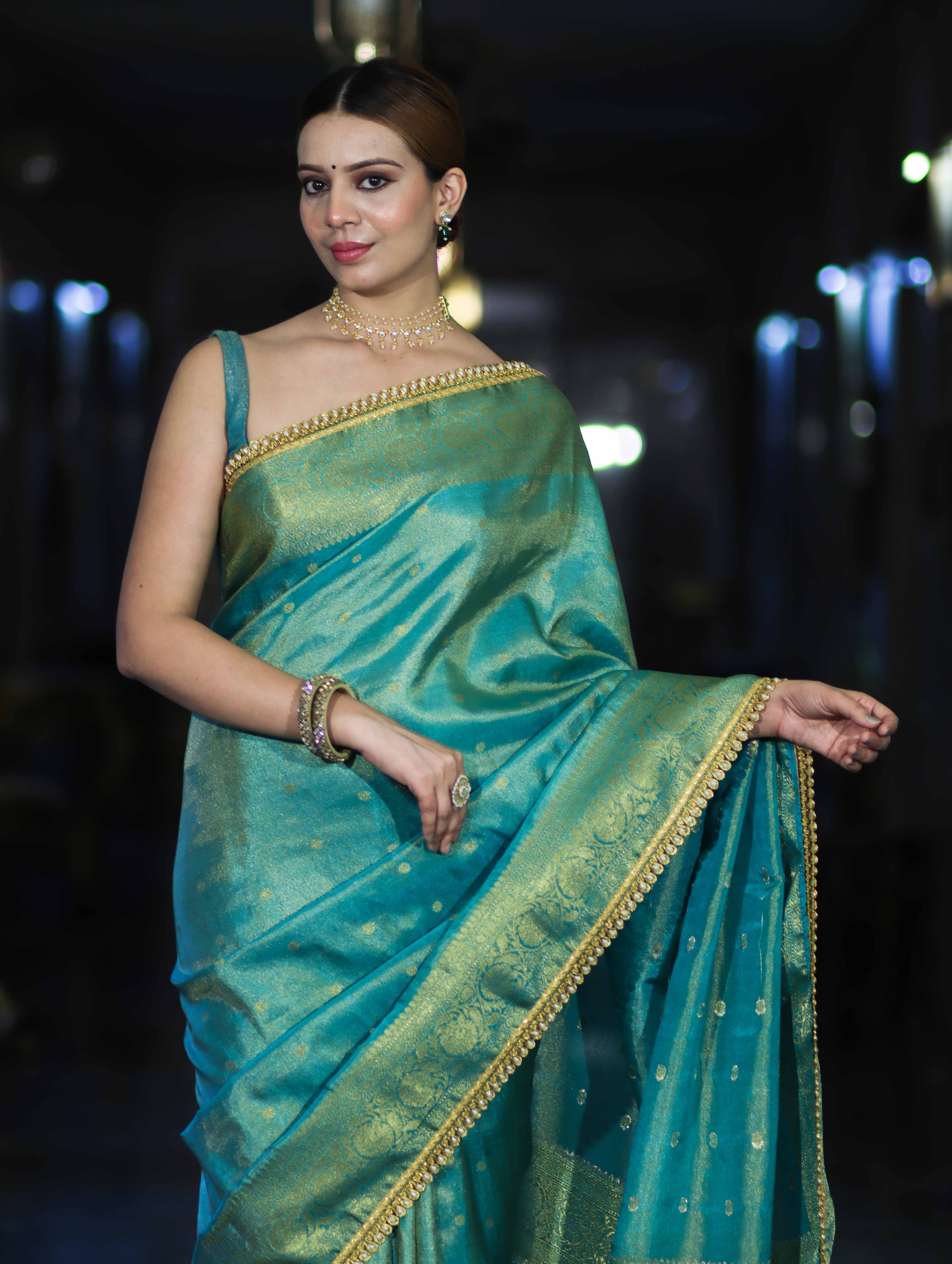 Banarasee Handloom Shimmer Silk Saree With Buti Design Floral Border & Lace-Turquoise Green