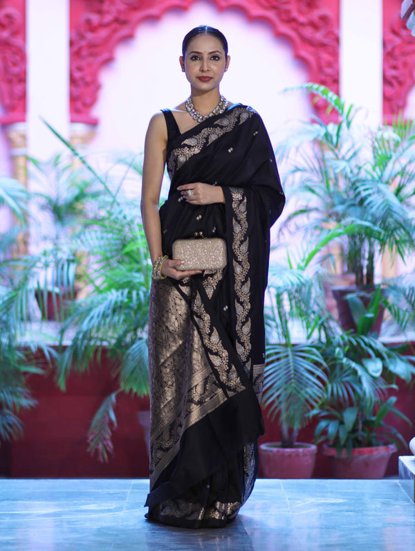 Banarasee Handloom Semi Silk Saree With Sona Rupa Zari Buti Design & Floral Border-Black