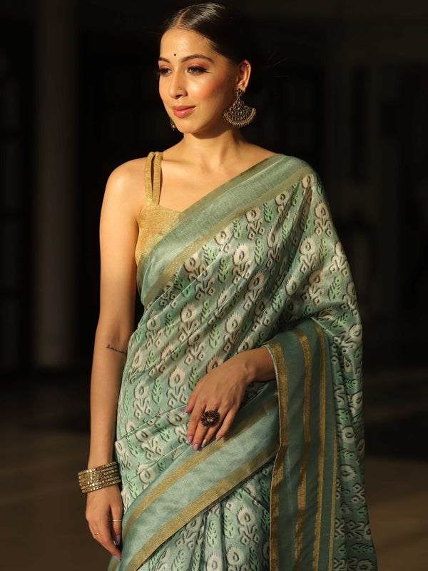 Banarasee Linen Cotton Digital Print Zari Border Saree-Pastel Green