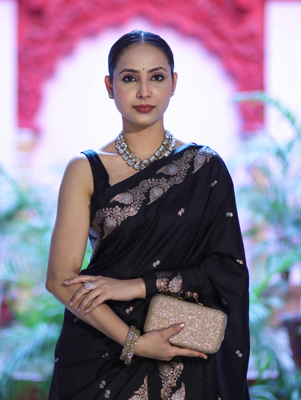 Banarasee Handloom Semi Silk Saree With Sona Rupa Zari Buti Design & Floral Border-Black