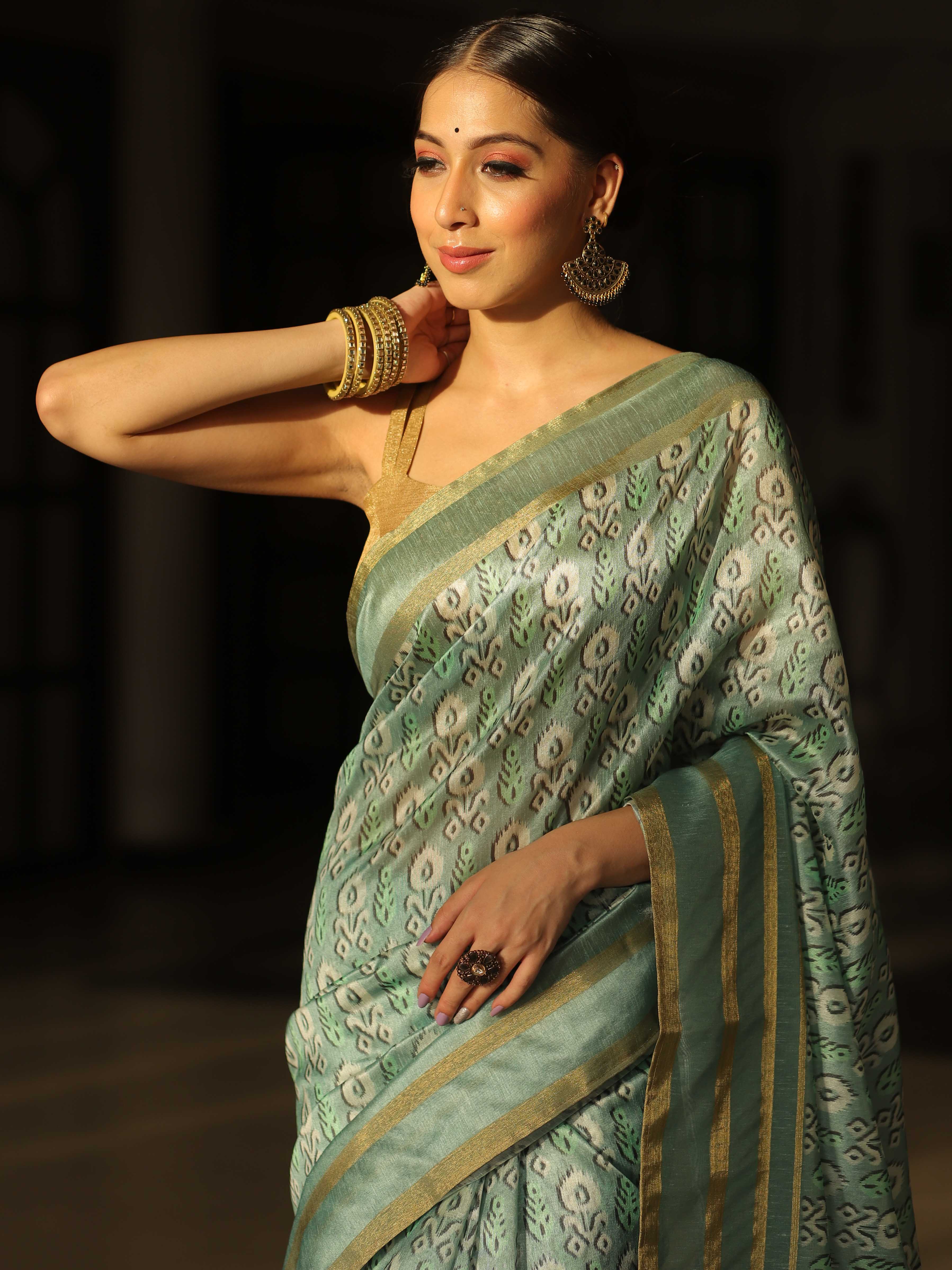 Banarasee Linen Cotton Digital Print Zari Border Saree-Pastel Green