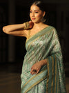 Banarasee Linen Cotton Digital Print Zari Border Saree-Pastel Green