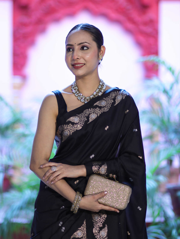 Banarasee Handloom Semi Silk Saree With Sona Rupa Zari Buti Design & Floral Border-Black