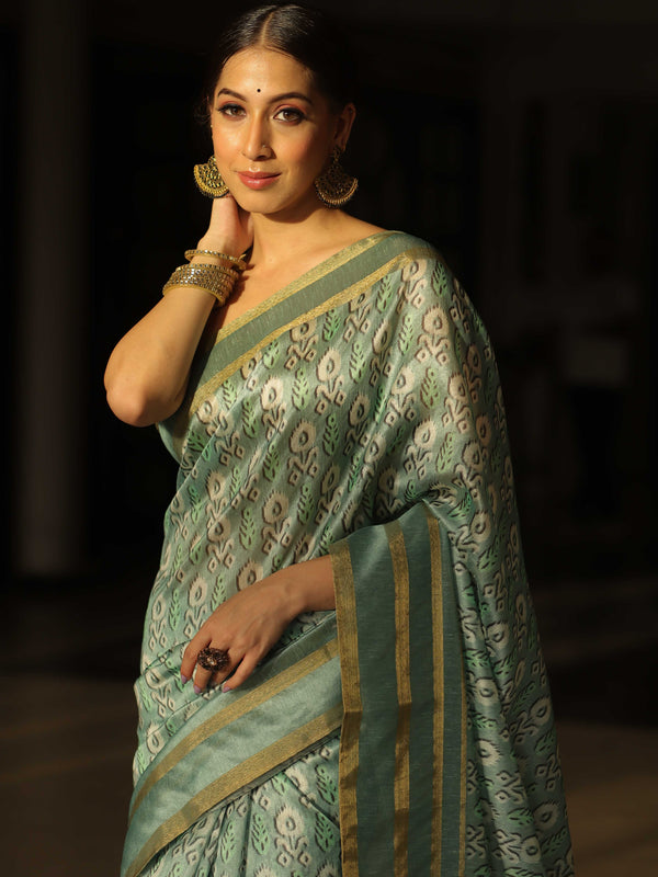 Banarasee Linen Cotton Digital Print Zari Border Saree-Pastel Green