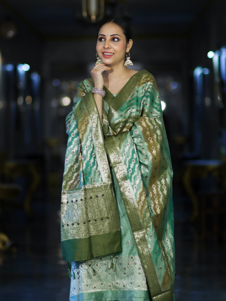 Banarasee Zari & Resham Embroidered Chanderi Salwar Kameez With Multicolor Dupatta Set-Green