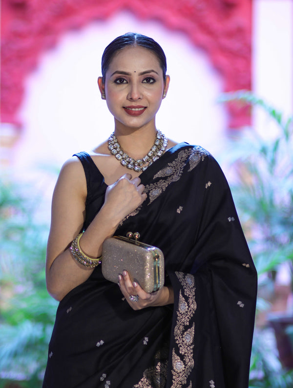 Banarasee Handloom Semi Silk Saree With Sona Rupa Zari Buti Design & Floral Border-Black