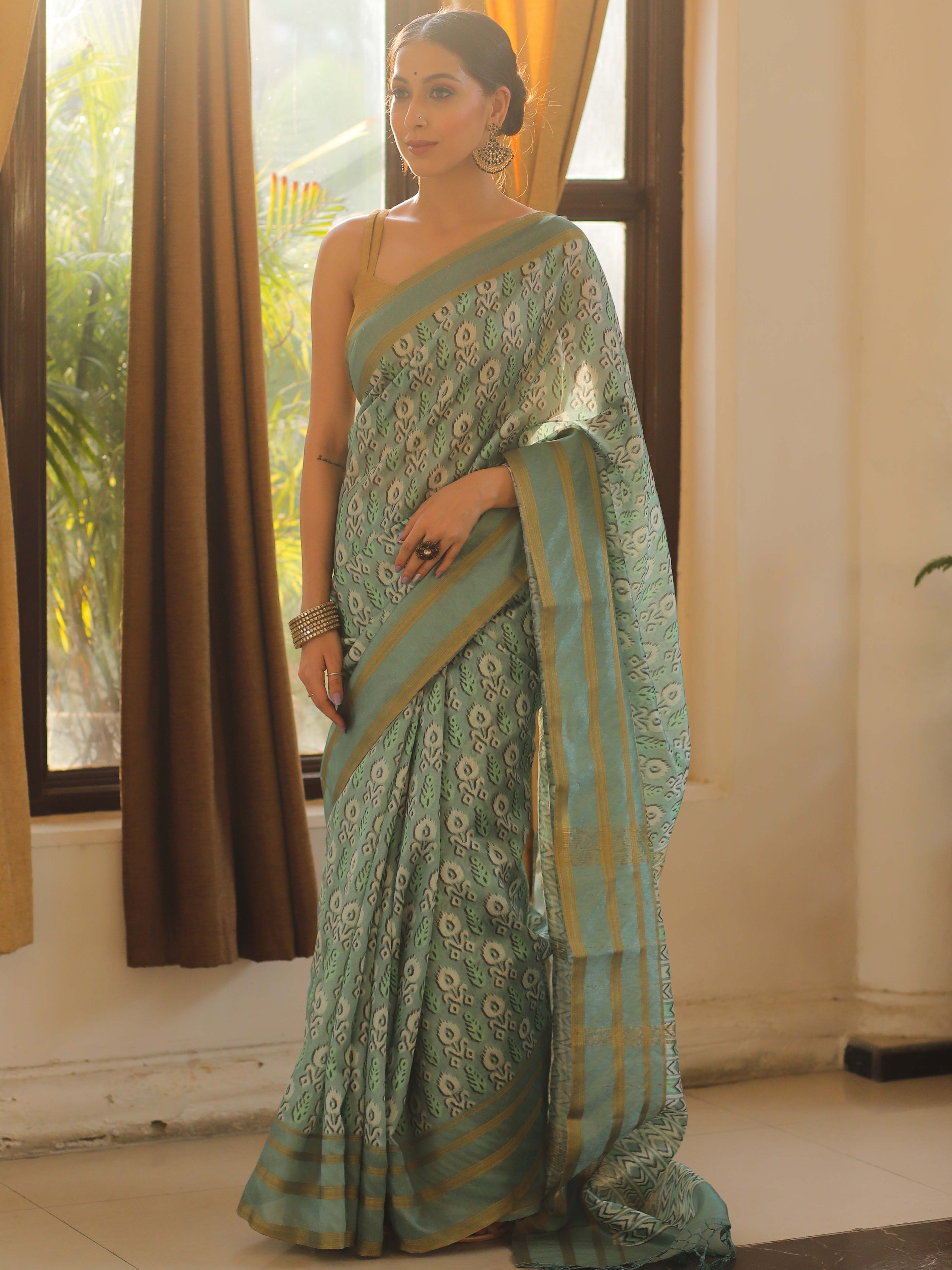 Banarasee Linen Cotton Digital Print Zari Border Saree-Pastel Green