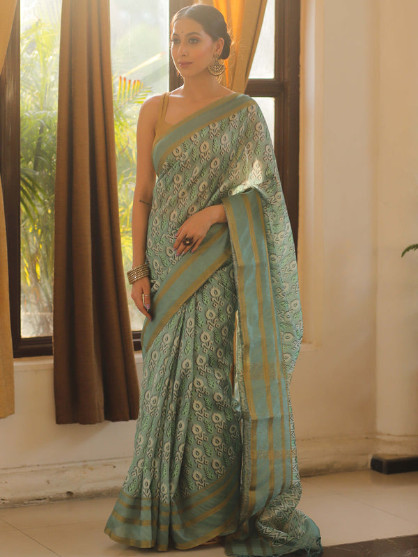 Banarasee Linen Cotton Digital Print Zari Border Saree-Pastel Green