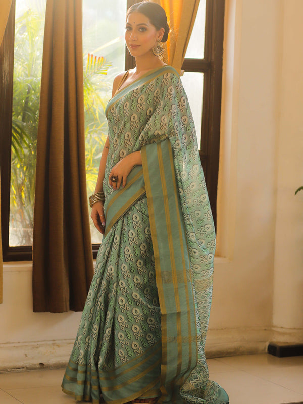 Banarasee Linen Cotton Digital Print Zari Border Saree-Pastel Green