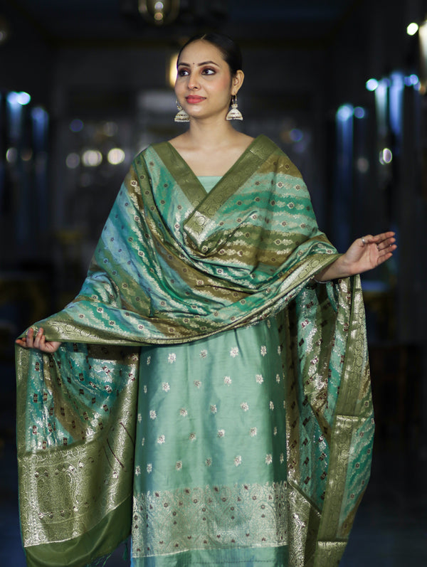 Banarasee Zari & Resham Embroidered Chanderi Salwar Kameez With Multicolor Dupatta Set-Green