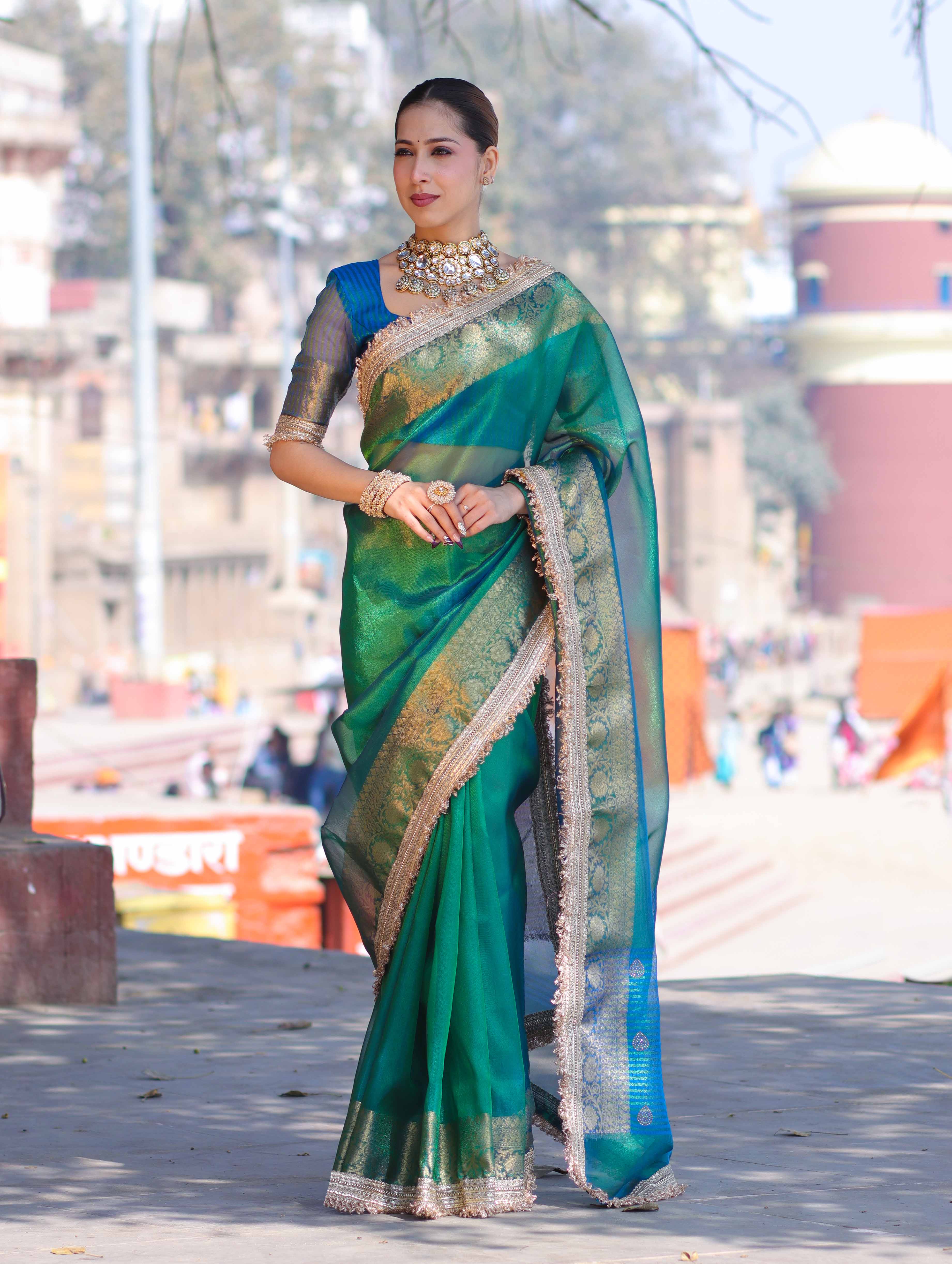 Banarasee Handloom Dual Shaded Plain Tissue Saree With Zari Border & Lace-Green