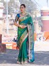 Banarasee Handloom Dual Shaded Plain Tissue Saree With Zari Border & Lace-Green