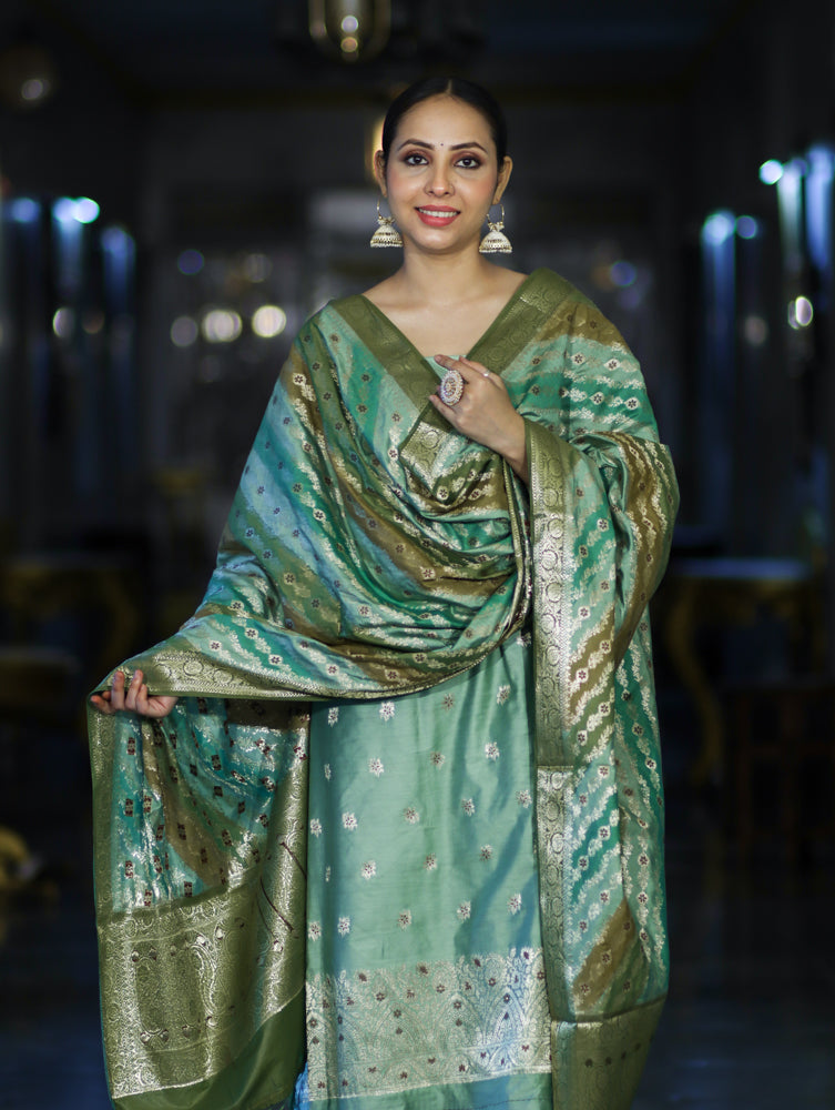 Banarasee Zari & Resham Embroidered Chanderi Salwar Kameez With Multicolor Dupatta Set-Green