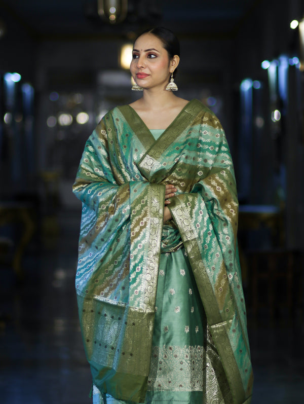 Banarasee Zari & Resham Embroidered Chanderi Salwar Kameez With Multicolor Dupatta Set-Green