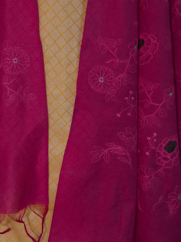 Banarasee Brocade Salwar Kameez Fabric With Cotton Silk Dupatta Set-Yellow & Pink