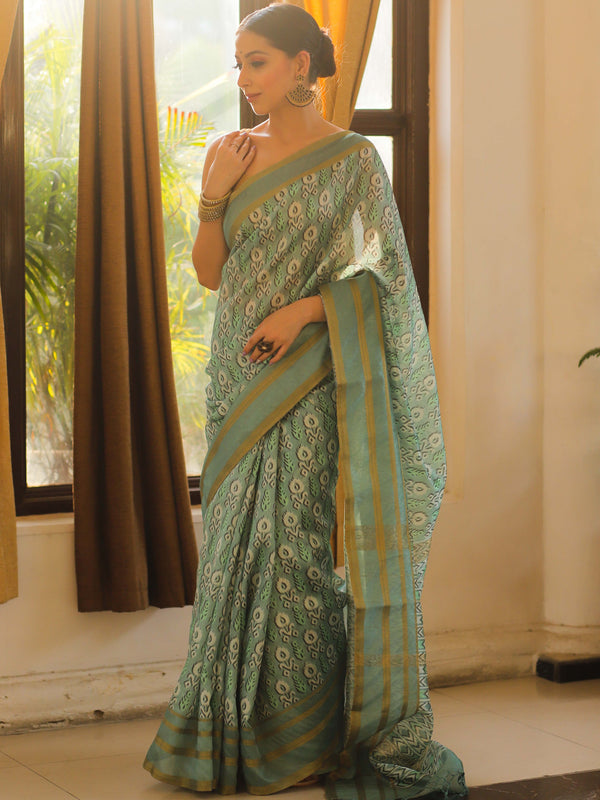 Banarasee Linen Cotton Digital Print Zari Border Saree-Pastel Green