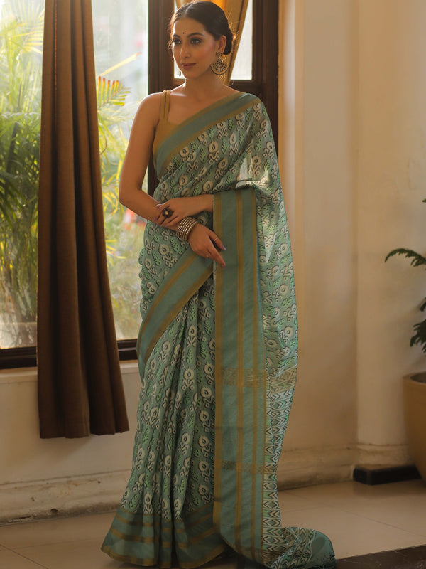 Banarasee Linen Cotton Digital Print Zari Border Saree-Pastel Green
