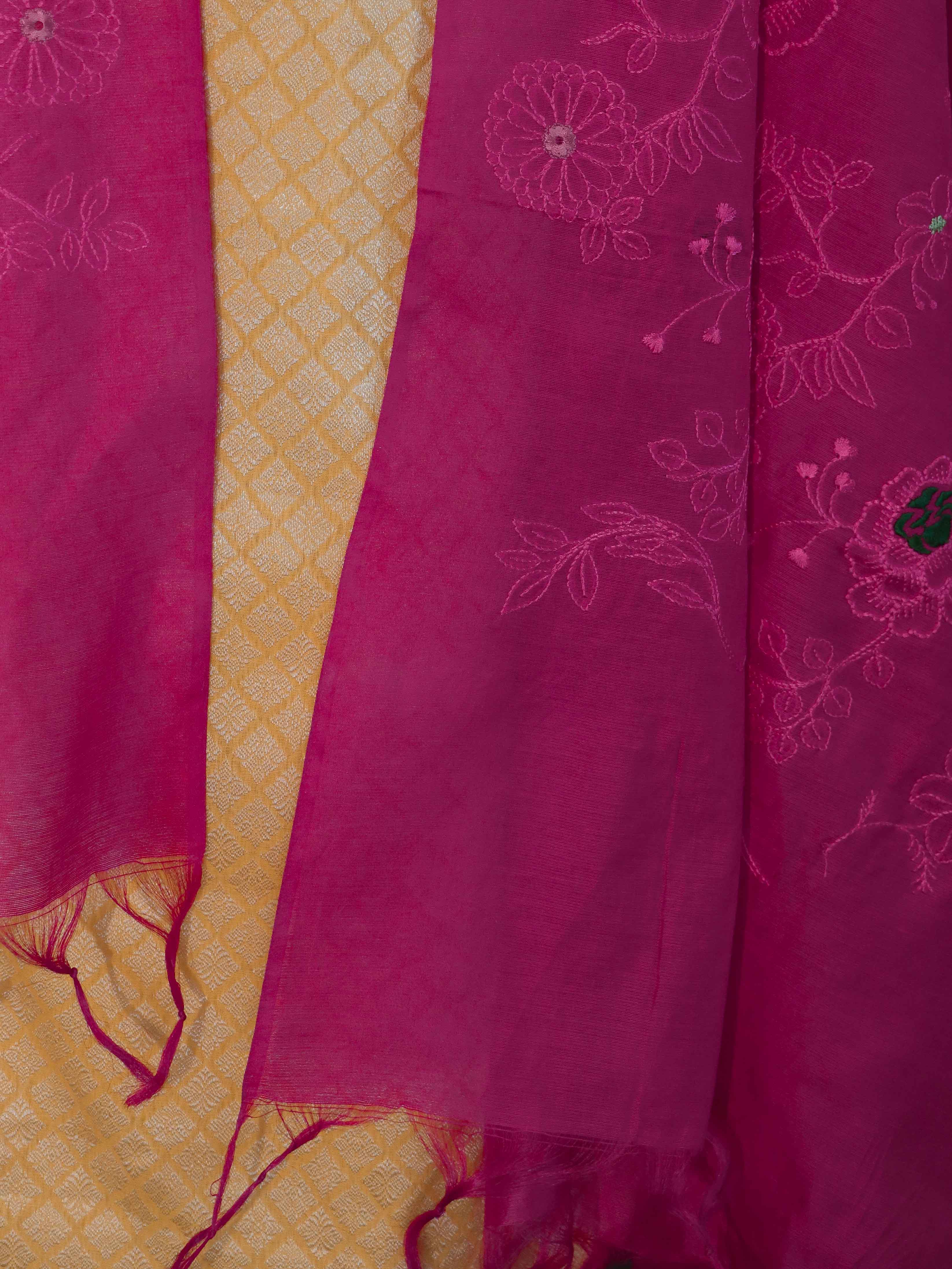 Banarasee Brocade Salwar Kameez Fabric With Cotton Silk Dupatta Set-Yellow & Pink
