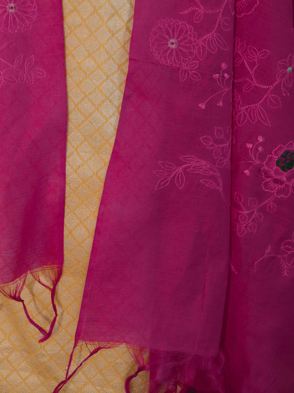Banarasee Brocade Salwar Kameez Fabric With Cotton Silk Dupatta Set-Yellow & Pink