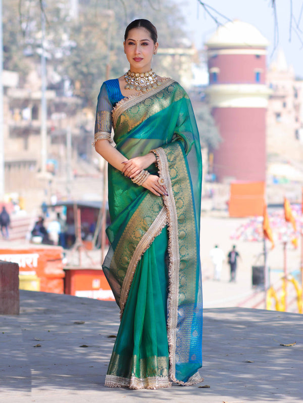 Banarasee Handloom Dual Shaded Plain Tissue Saree With Zari Border & Lace-Green