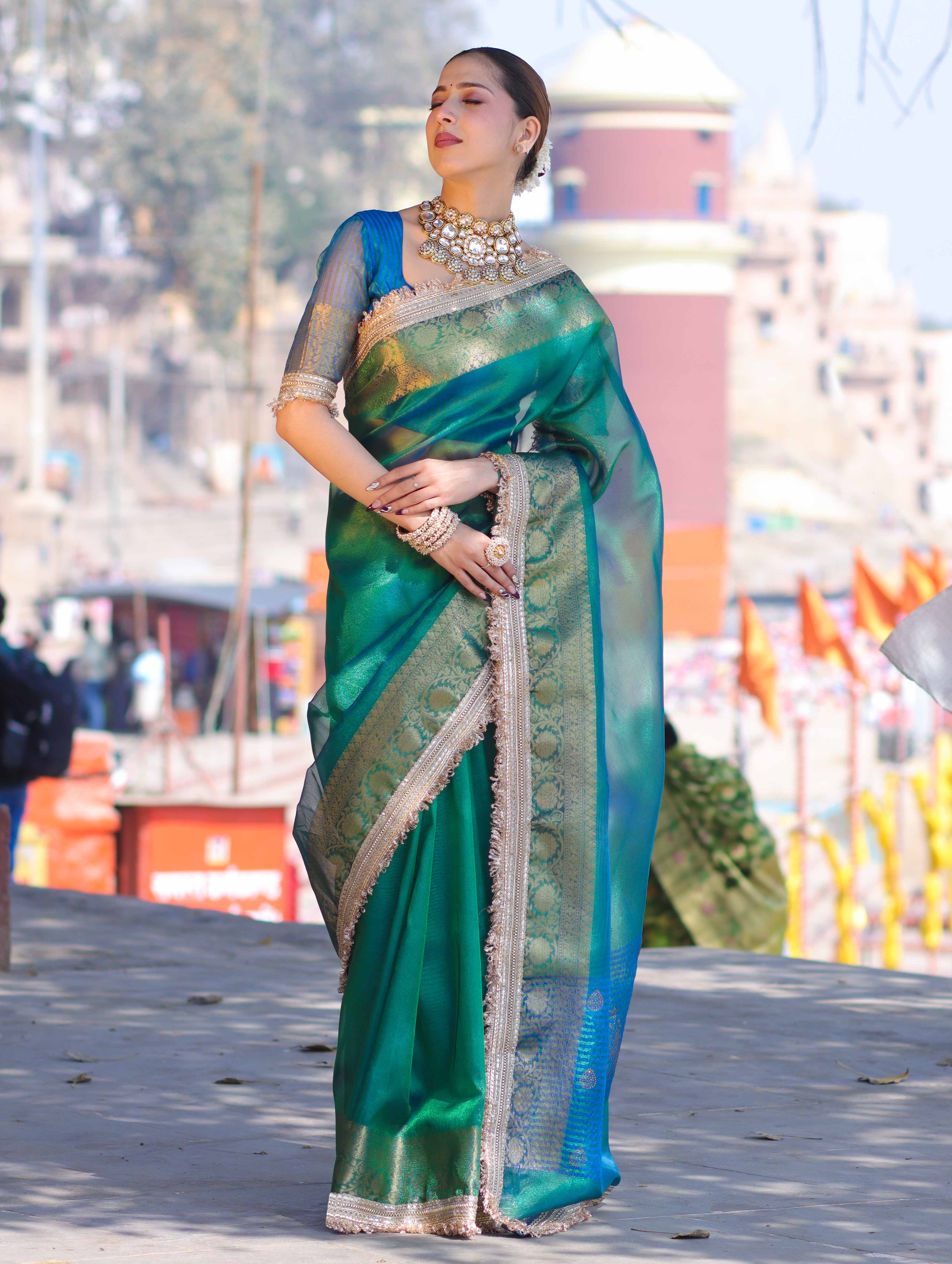 Banarasee Handloom Dual Shaded Plain Tissue Saree With Zari Border & Lace-Green