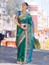 Banarasee Handloom Dual Shaded Plain Tissue Saree With Zari Border & Lace-Green