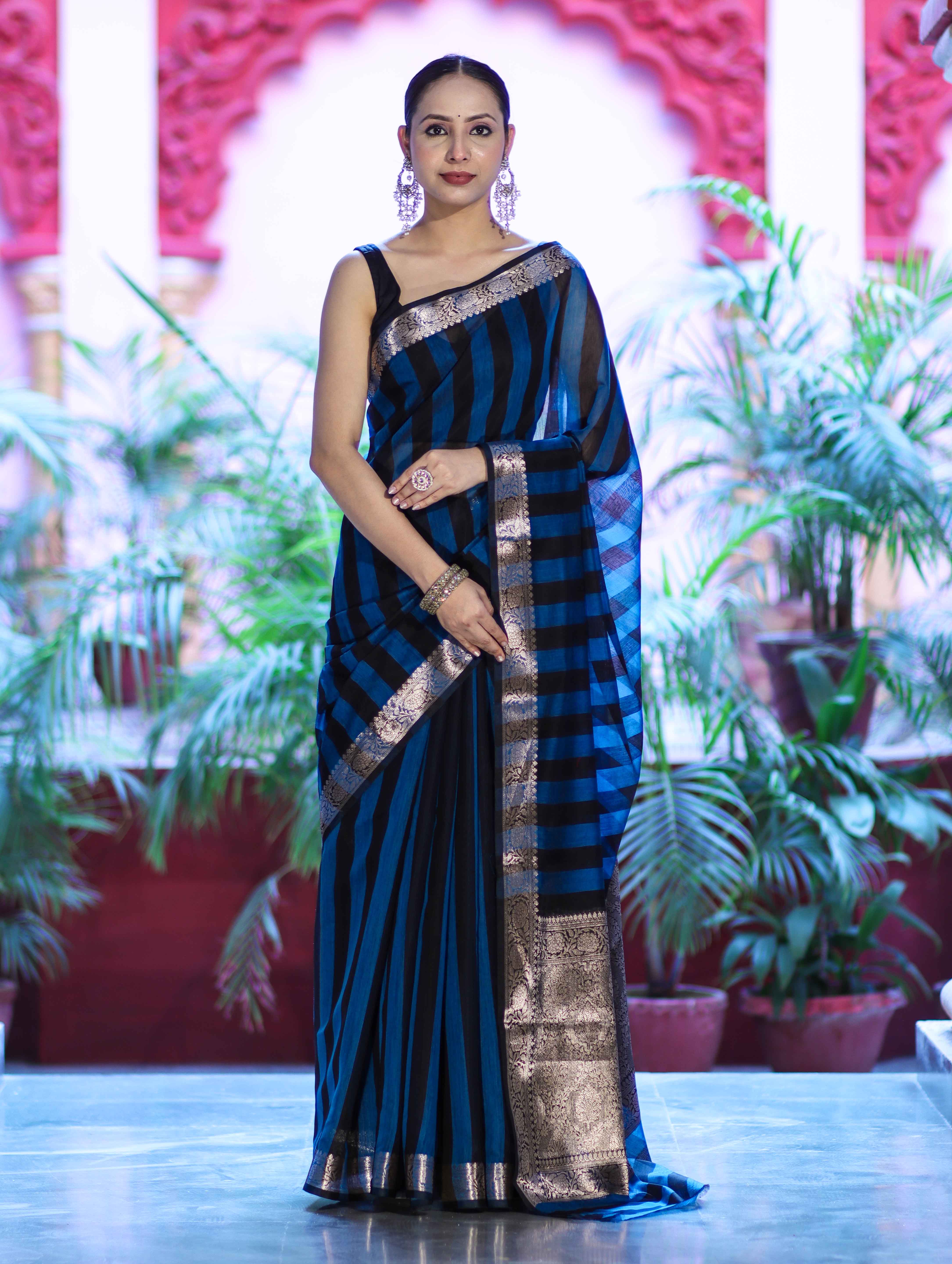 Banarasee Cotton Silk Saree With Stripes Pattern & Floral Zari Border-Light Blue & Black