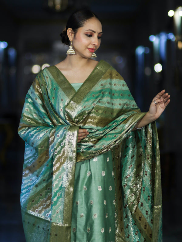 Banarasee Zari & Resham Embroidered Chanderi Salwar Kameez With Multicolor Dupatta Set-Green