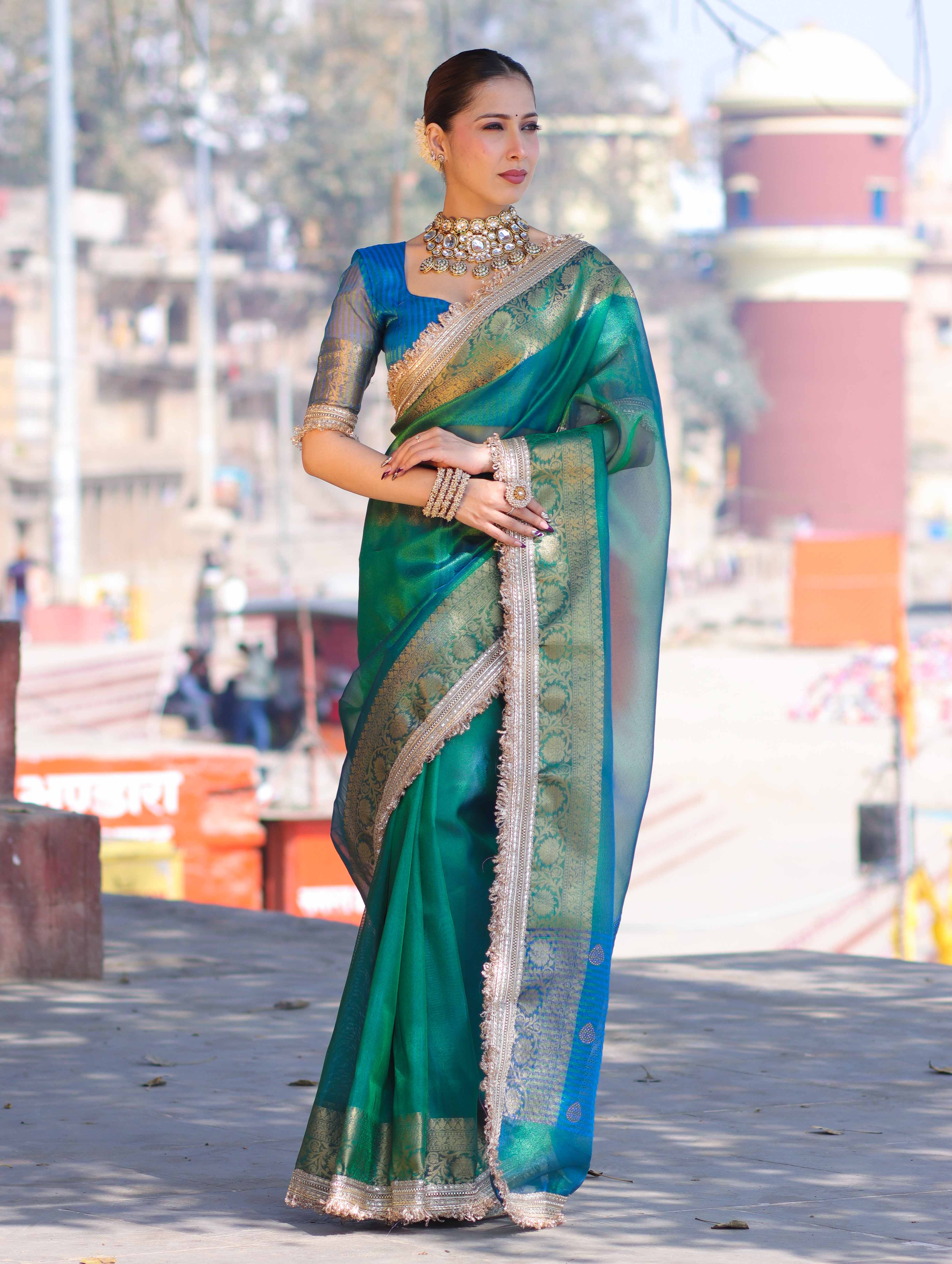 Banarasee Handloom Dual Shaded Plain Tissue Saree With Zari Border & Lace-Green