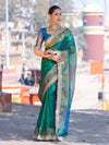 Banarasee Handloom Dual Shaded Plain Tissue Saree With Zari Border & Lace-Green