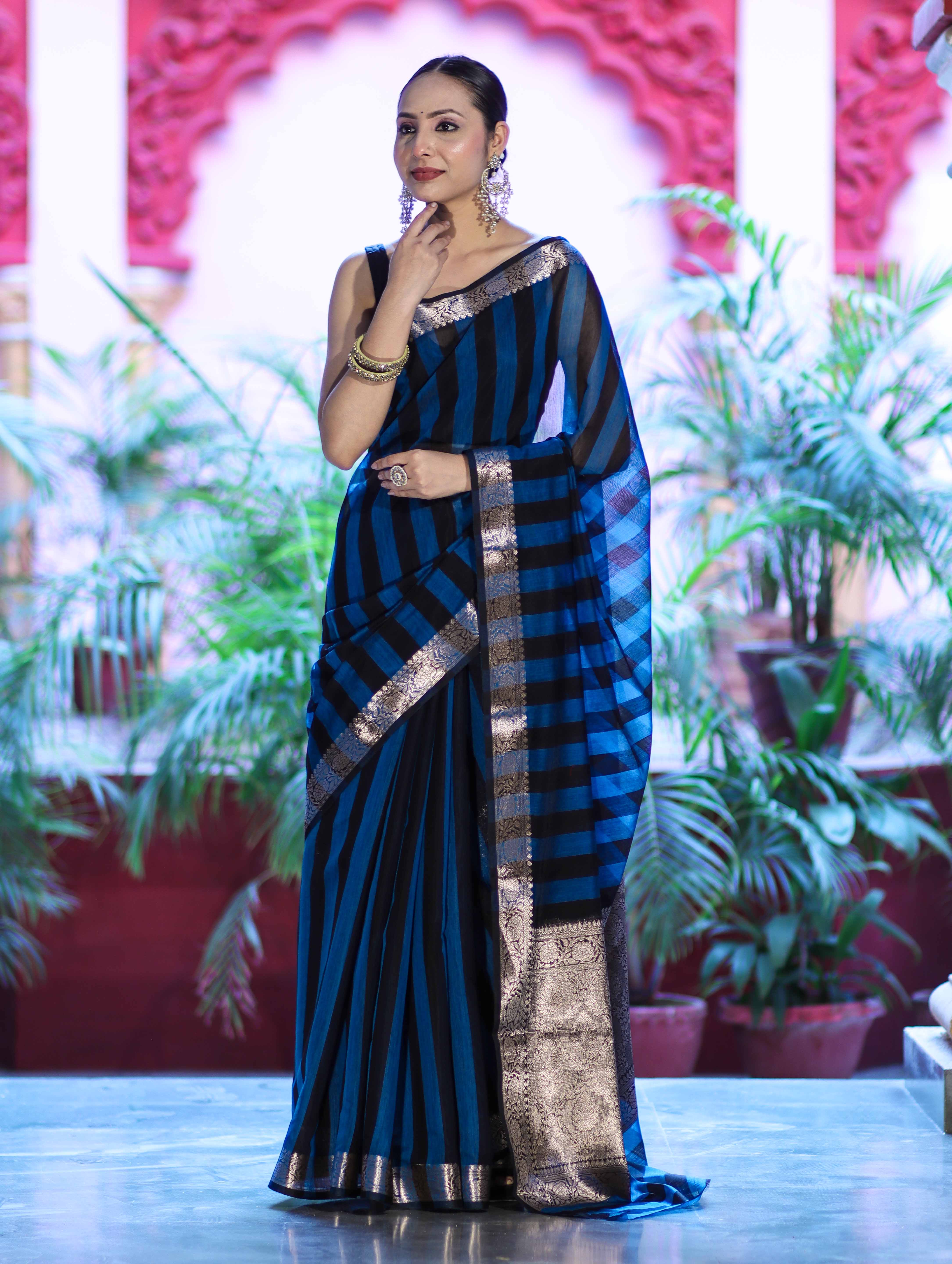 Banarasee Cotton Silk Saree With Stripes Pattern & Floral Zari Border-Light Blue & Black