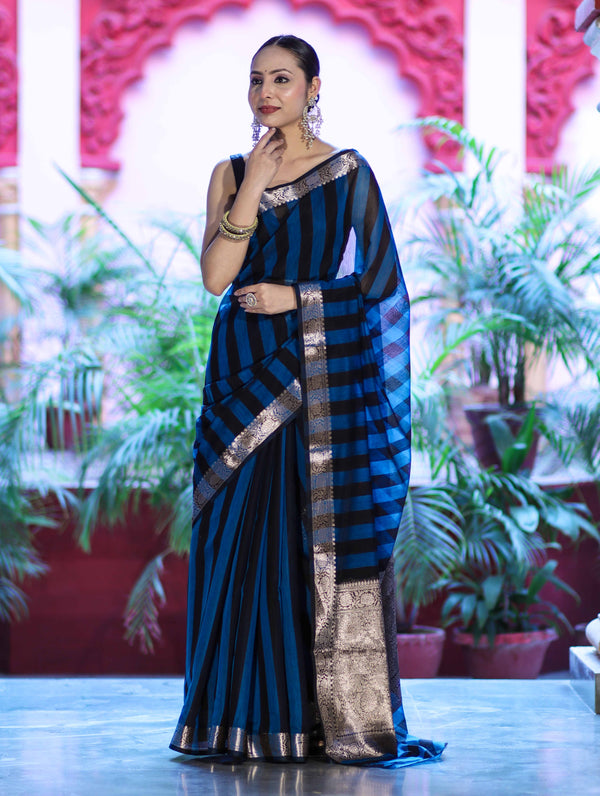 Banarasee Cotton Silk Saree With Stripes Pattern & Floral Zari Border-Light Blue & Black