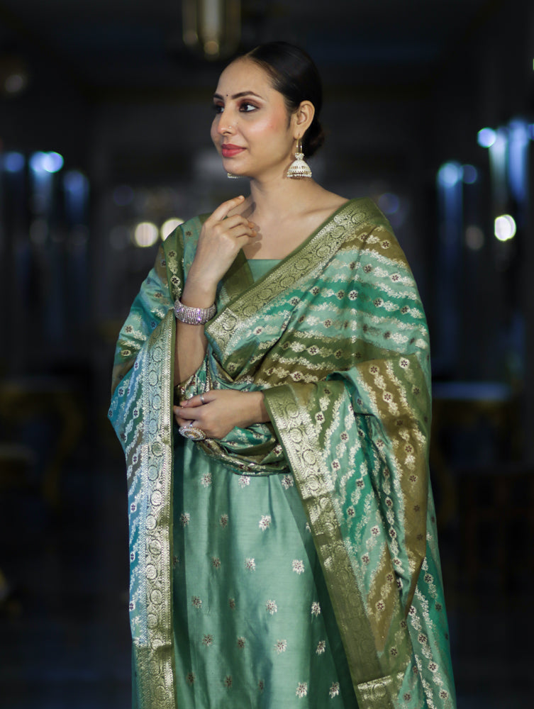 Banarasee Zari & Resham Embroidered Chanderi Salwar Kameez With Multicolor Dupatta Set-Green