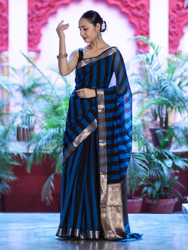 Banarasee Cotton Silk Saree With Stripes Pattern & Floral Zari Border-Light Blue & Black