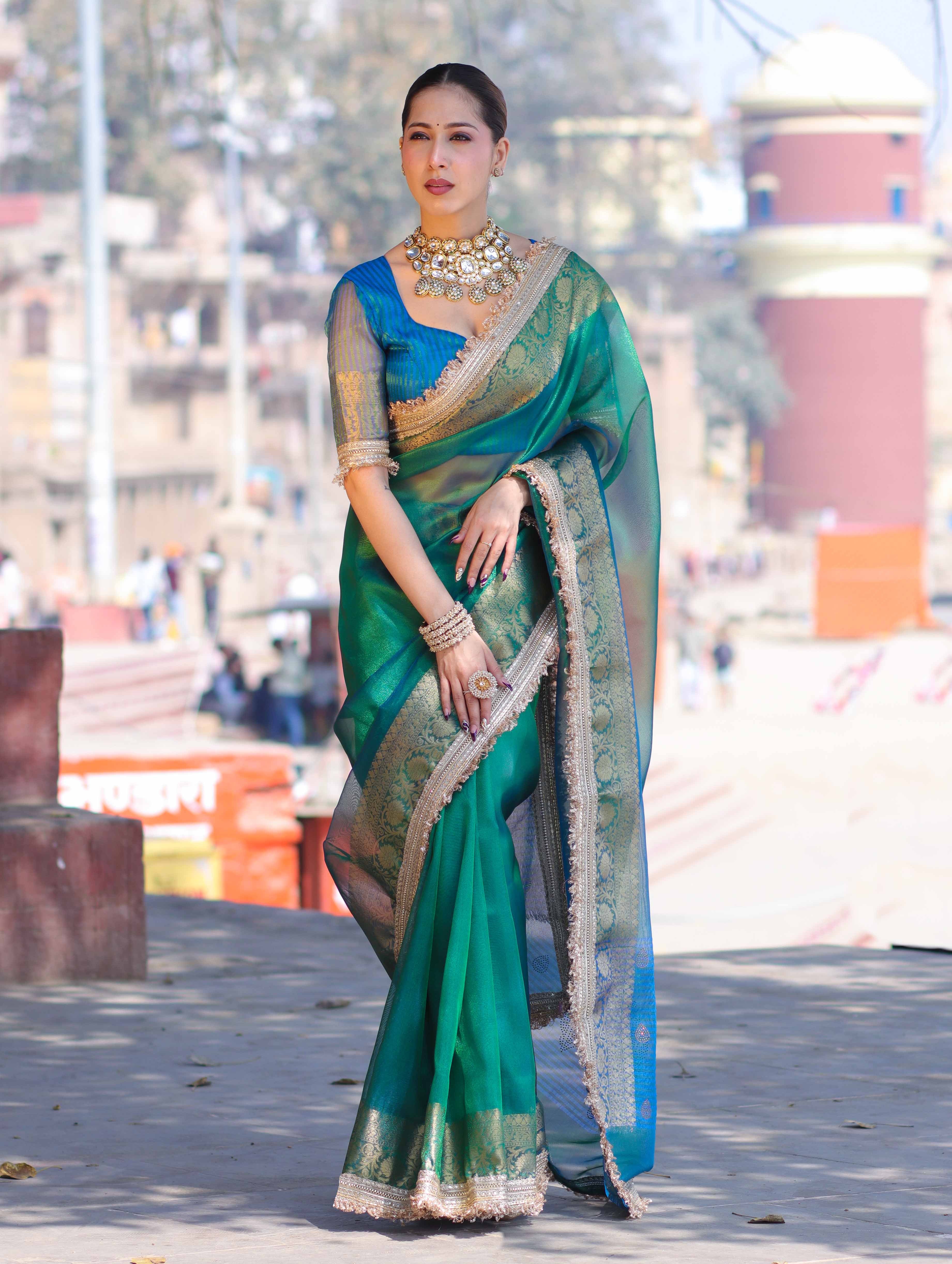 Banarasee Handloom Dual Shaded Plain Tissue Saree With Zari Border & Lace-Green