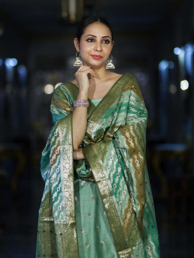 Banarasee Zari & Resham Embroidered Chanderi Salwar Kameez With Multicolor Dupatta Set-Green