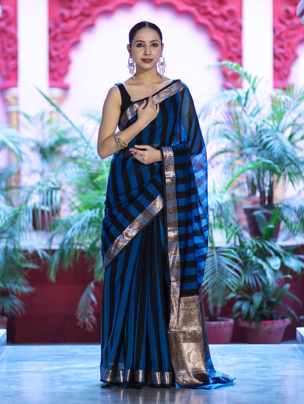 Banarasee Cotton Silk Saree With Stripes Pattern & Floral Zari Border-Light Blue & Black