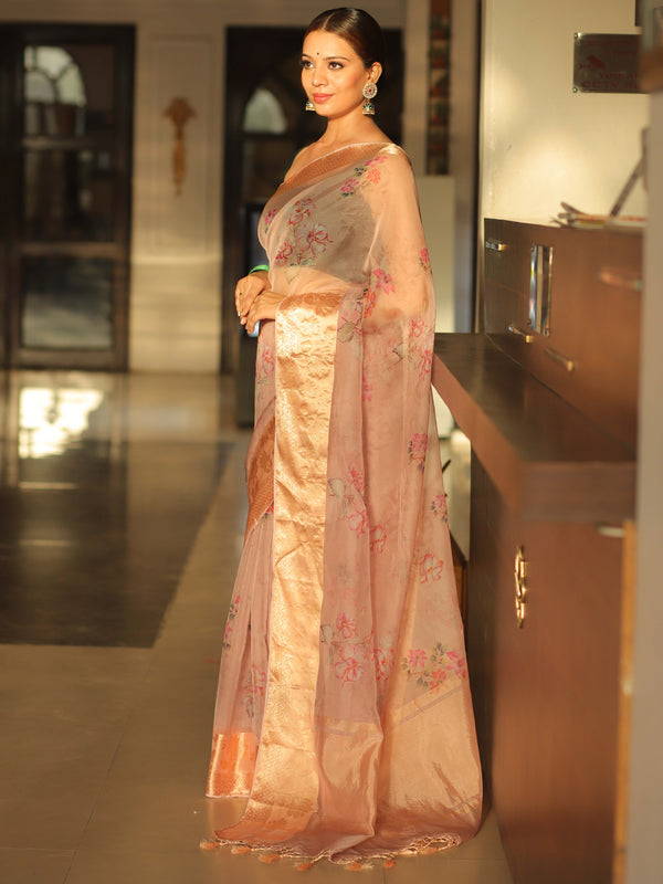 Banarasee Organza Mix Saree With Digital Floral Print-Peach