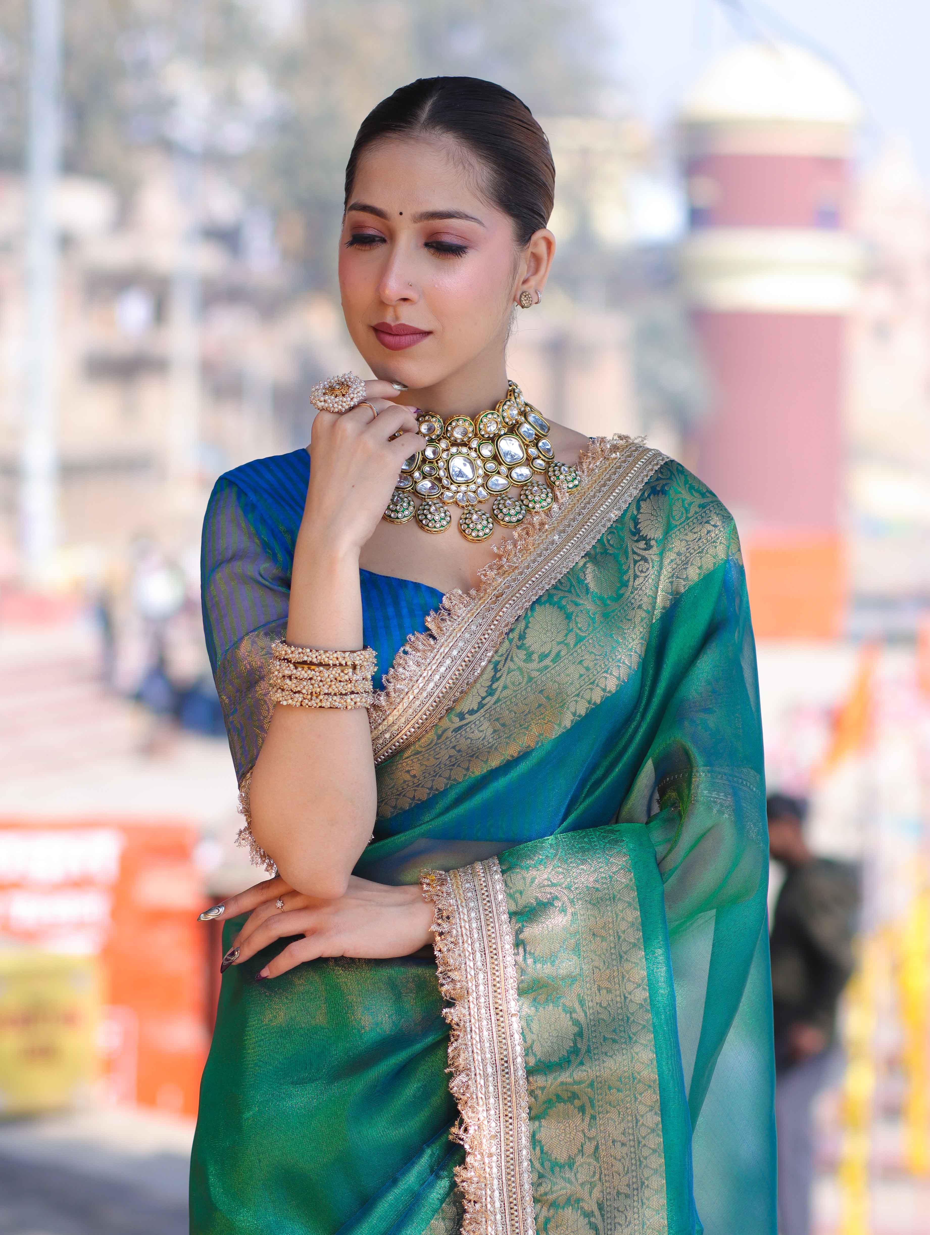 Banarasee Handloom Dual Shaded Plain Tissue Saree With Zari Border & Lace-Green